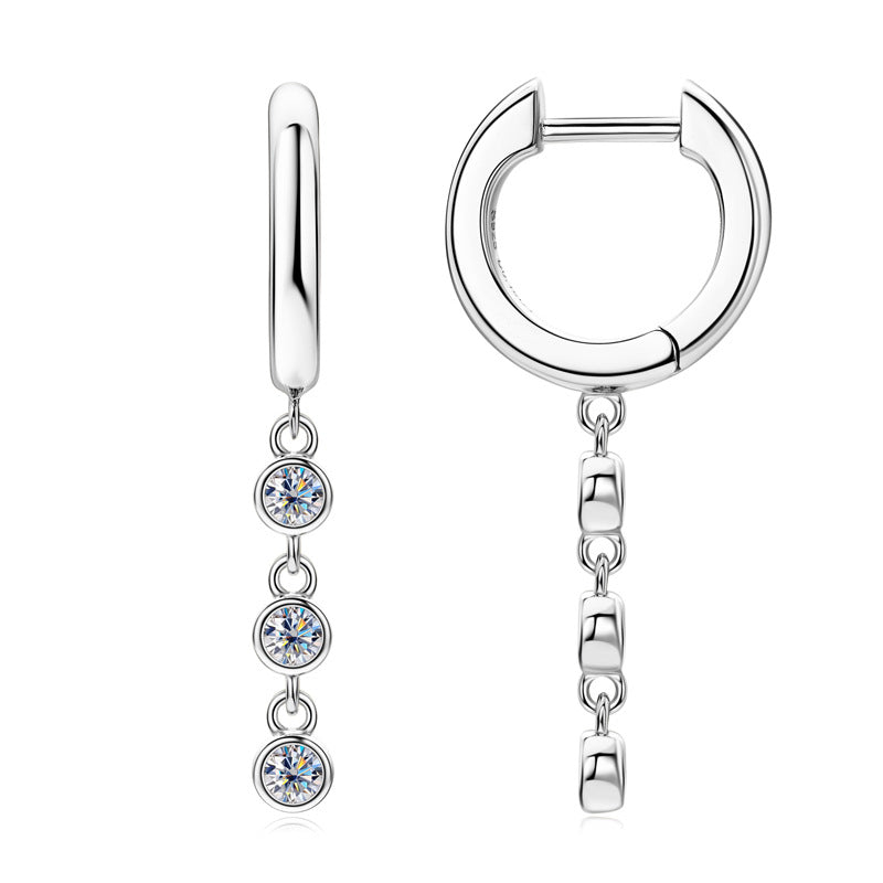 Earrings Elegant Moissanite Tassel Drop Hoop Earrings with Triple Stone Dangle Design