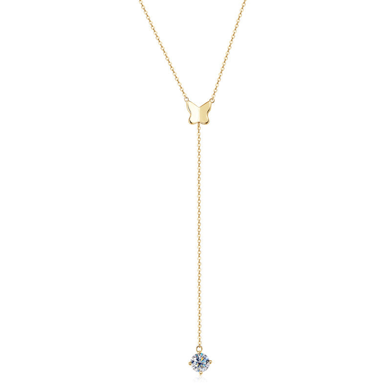 Necklace Elegant Butterfly Moissanite Y-Drop Pendant Sterling Silver Long Chain
