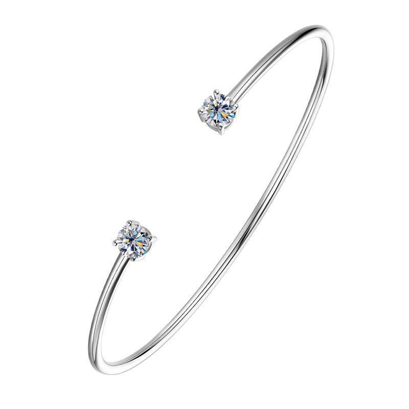 Bracelet Minimalist Open Cuff Bangle with Dual Moissanite Stones Sterling Silver