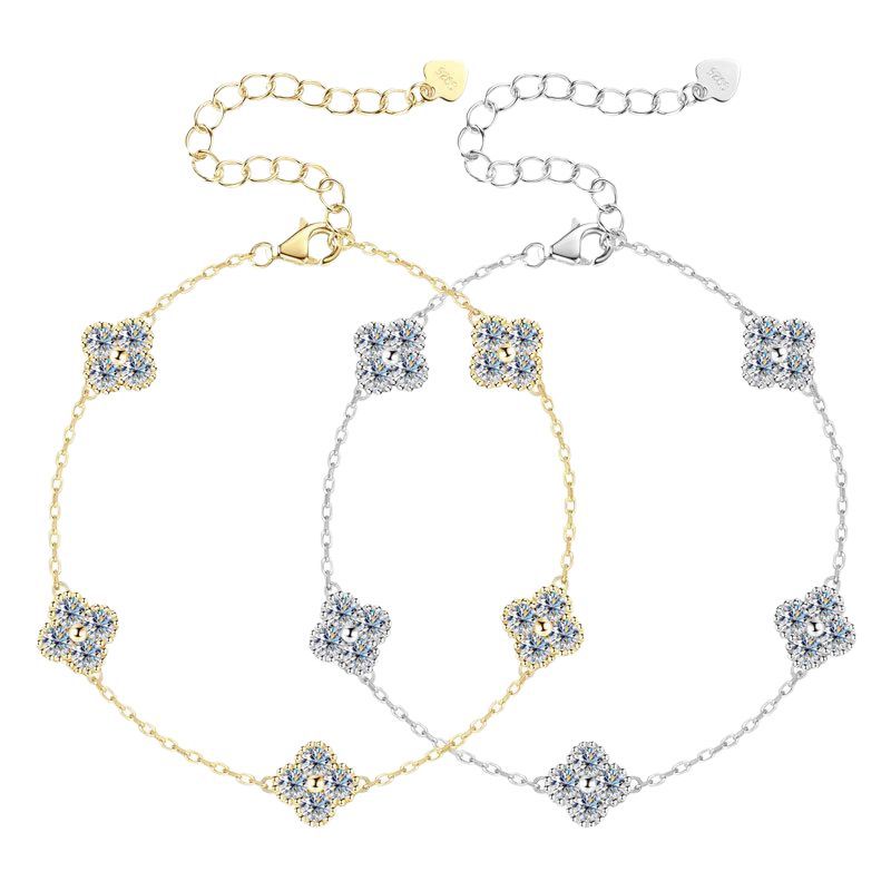 Bracelet Four Leaf Clover Moissanite Sterling Silver Chain Bracelet with Adjustable Extension