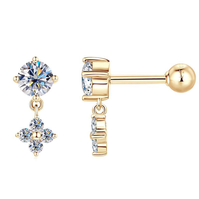 Earrings 10K Yellow Gold Moissanite Drop Earrings with Four Leaf Clover Design
