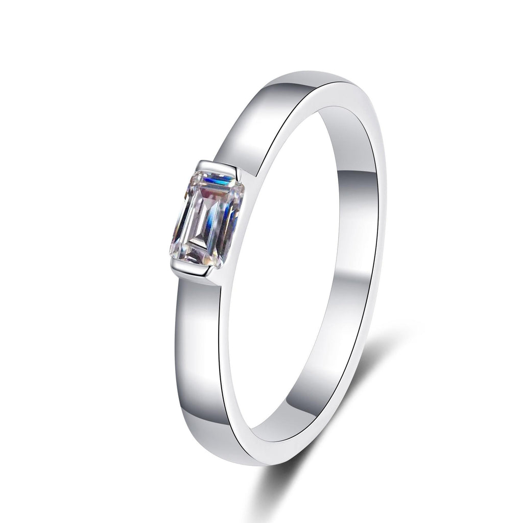 Women's Emerald Cut Moissanite Ring with 925 Sterling Silver Band and Lotus Motif