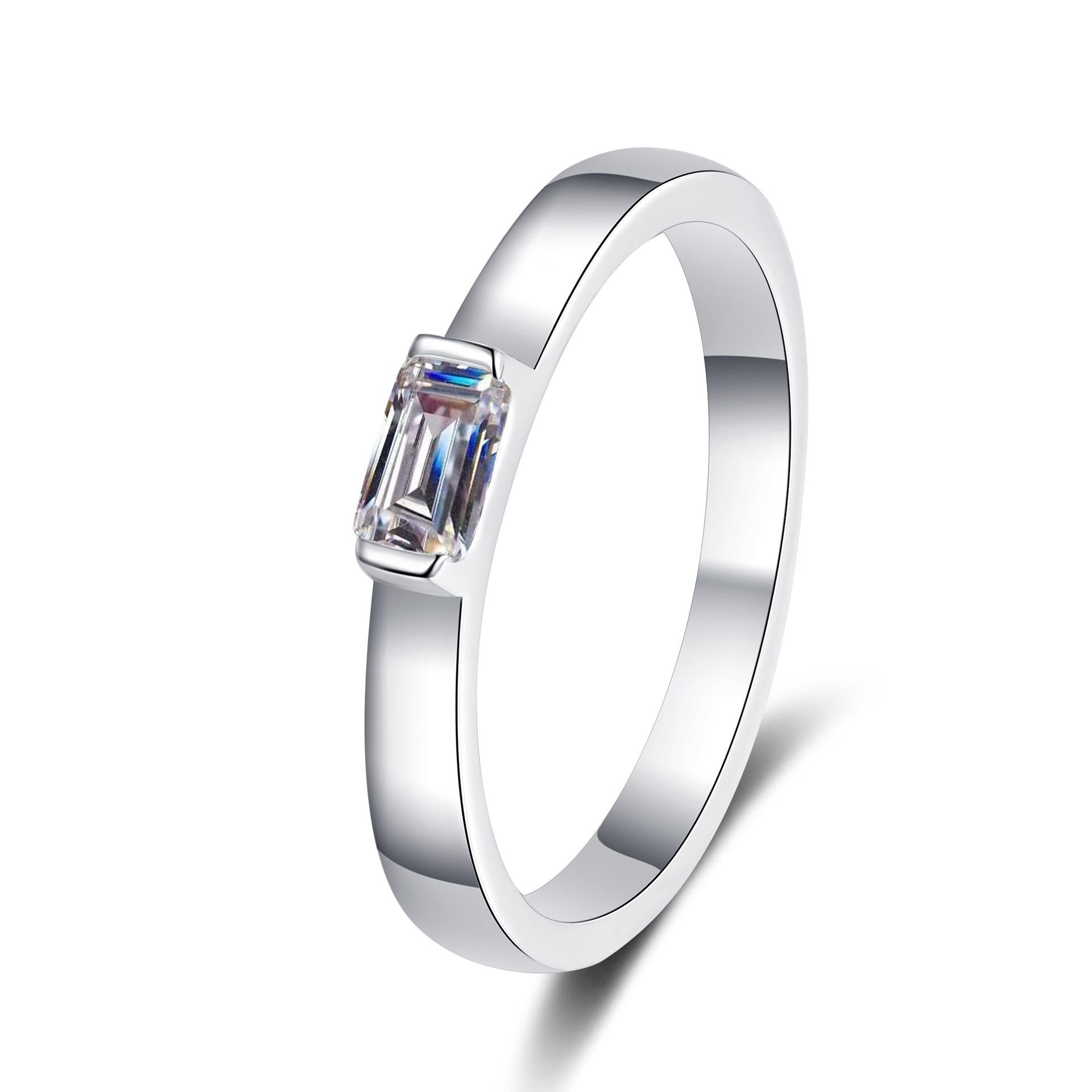 Women's Emerald Cut Moissanite Ring with 925 Sterling Silver Band and Lotus Motif