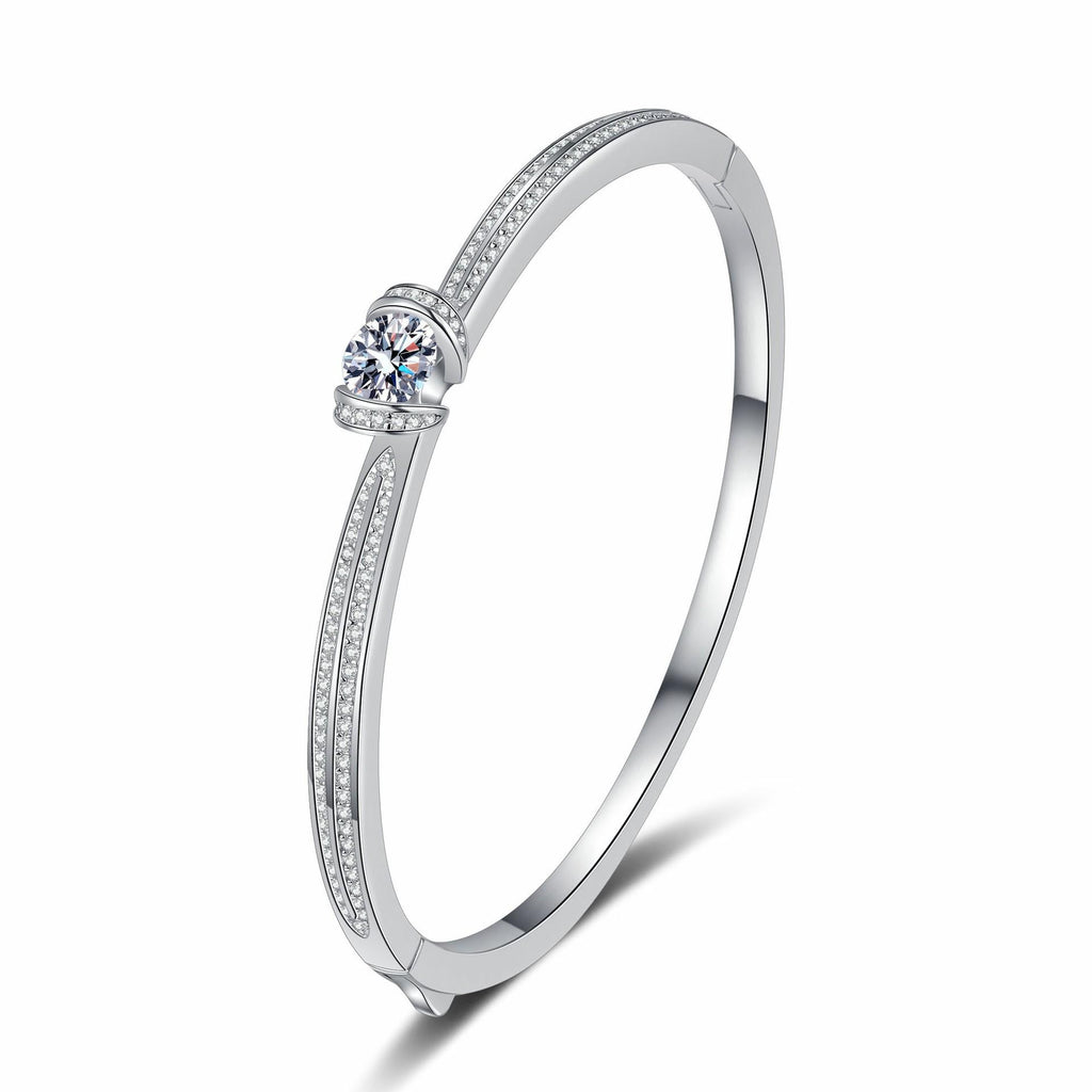 Bracelet with Double Row Full-Cut Moissanite Stones in Platinum-Plated 925 Sterling Silver, Minimalist High-End Design
