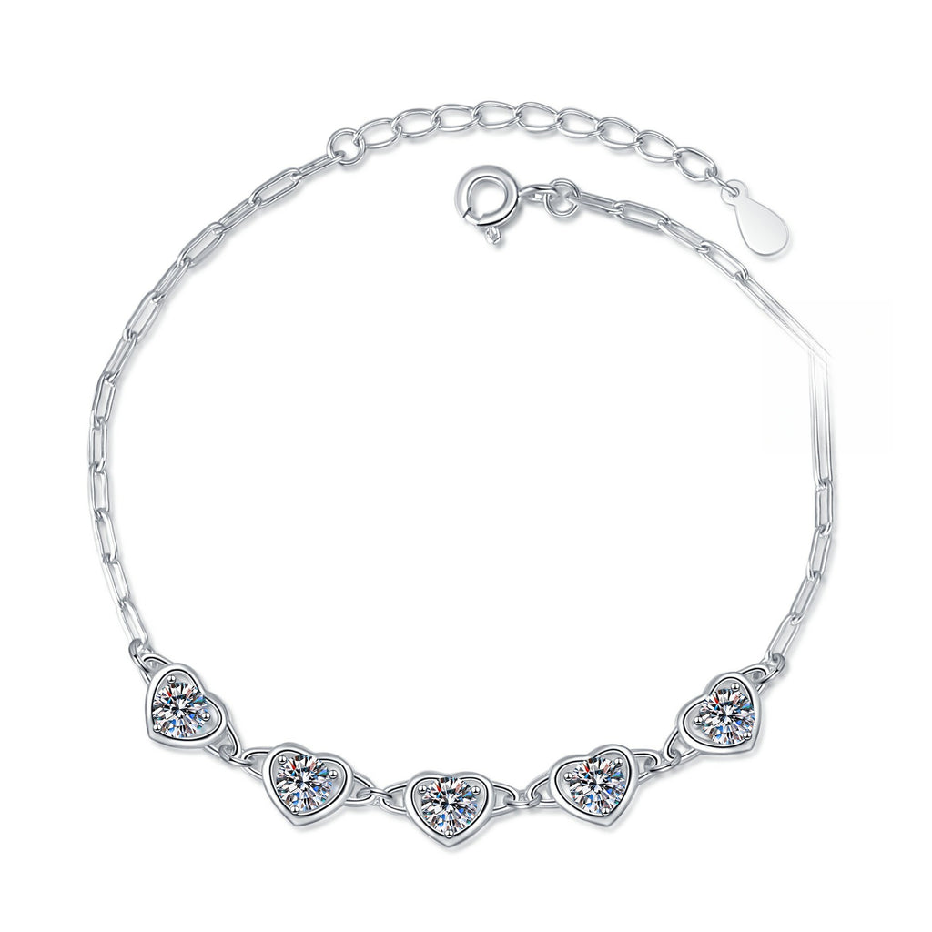 Bracelet Sterling Silver Heart-Shaped Moissanite Link Chain Bracelet with Sparkling Stones