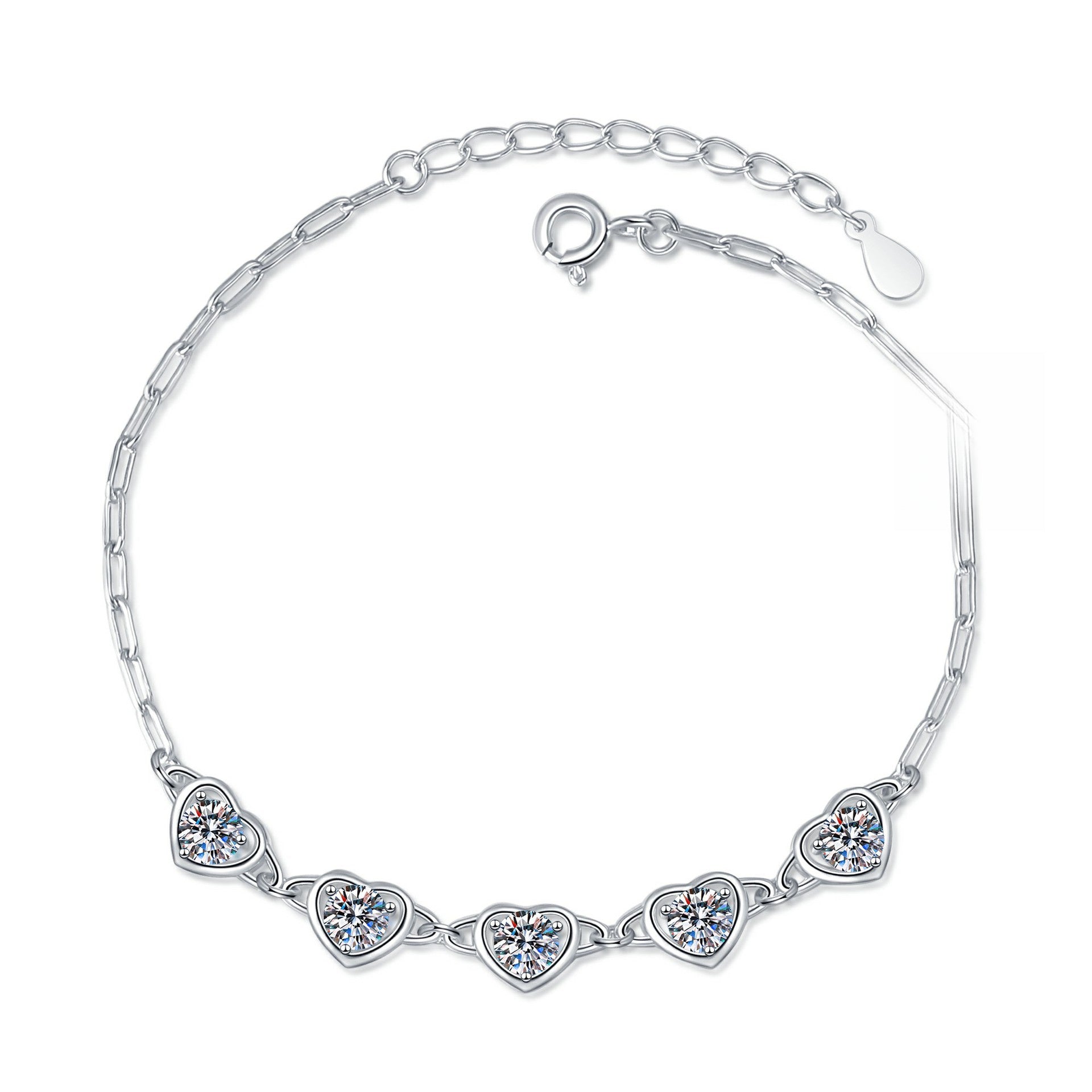 Bracelet Sterling Silver Heart-Shaped Moissanite Link Chain Bracelet with Sparkling Stones