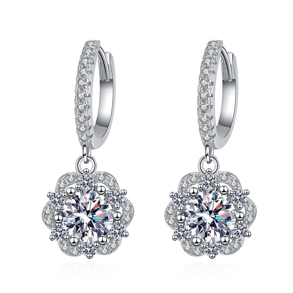 Earrings Sterling Silver Moissanite Rose Flower Halo Drop Earrings with Brilliant Cut Stones