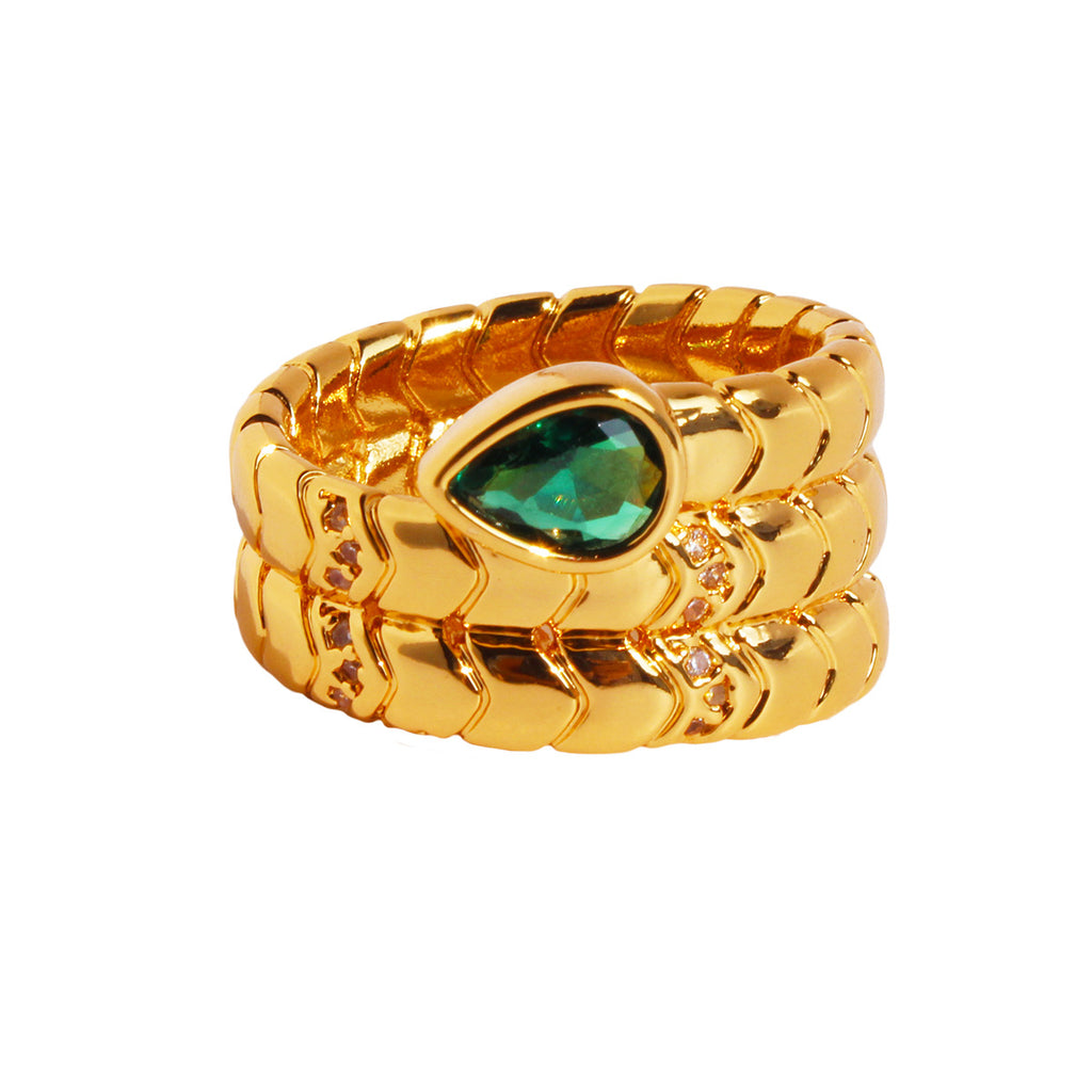 Green and Burgundy Snake Design Ring with Emerald Cut Gemstones
