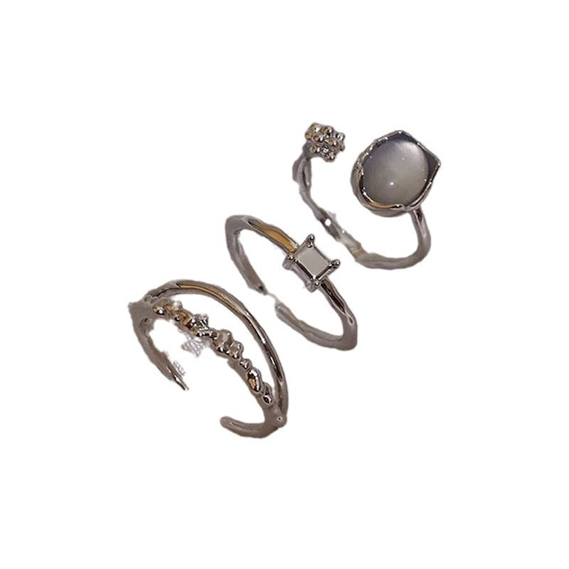 Geometric Cat's Eye Stone Ring Set for Women - Minimalist Stackable Adjustable Open Rings