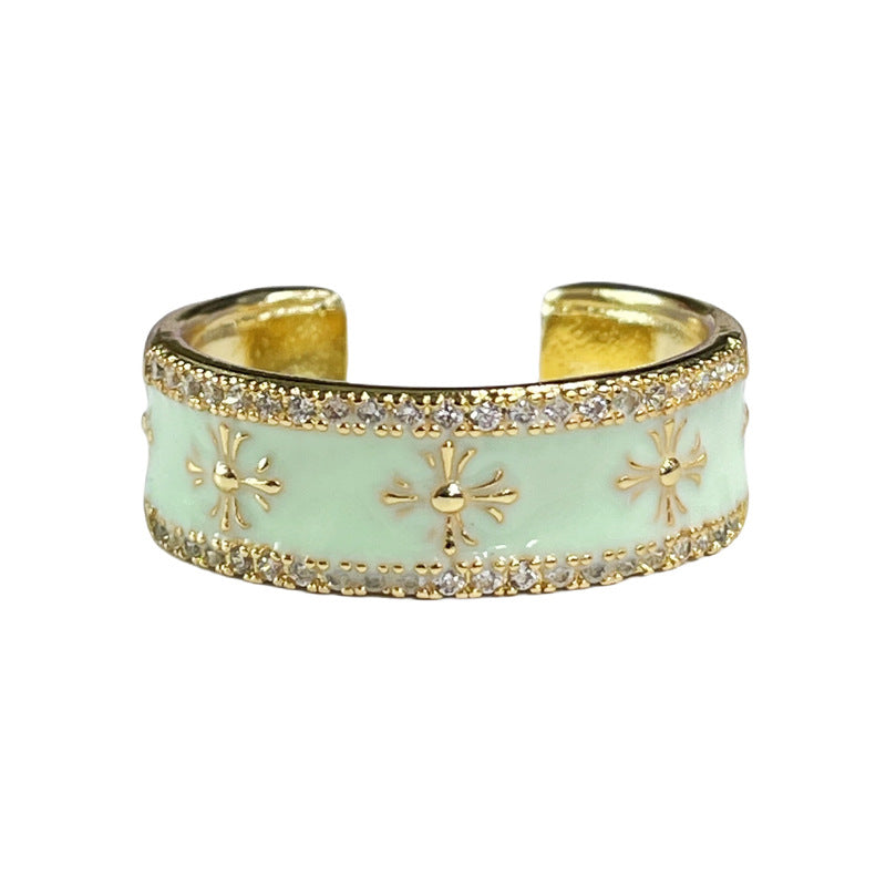 Geometric Mint Green Floral Open Ring with Zircon Accents - French Light Luxury Style