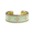 Geometric Mint Green Floral Open Ring with Zircon Accents - French Light Luxury Style