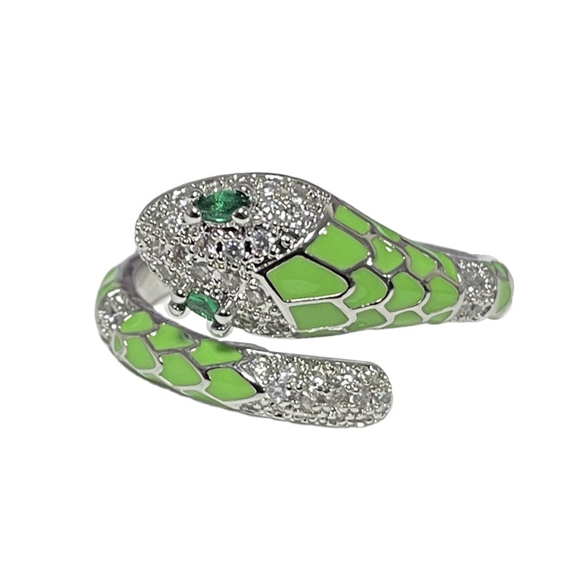 Snake Head Green Diamond Enamel Punk Ring - Unisex Geometric Statement Jewelry