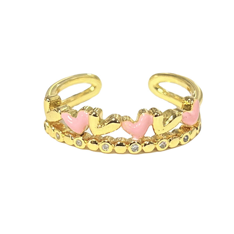 Enamel Drip Heart Ring - Elegant Palace Style Adjustable Geometric Statement Finger Ring for Women
