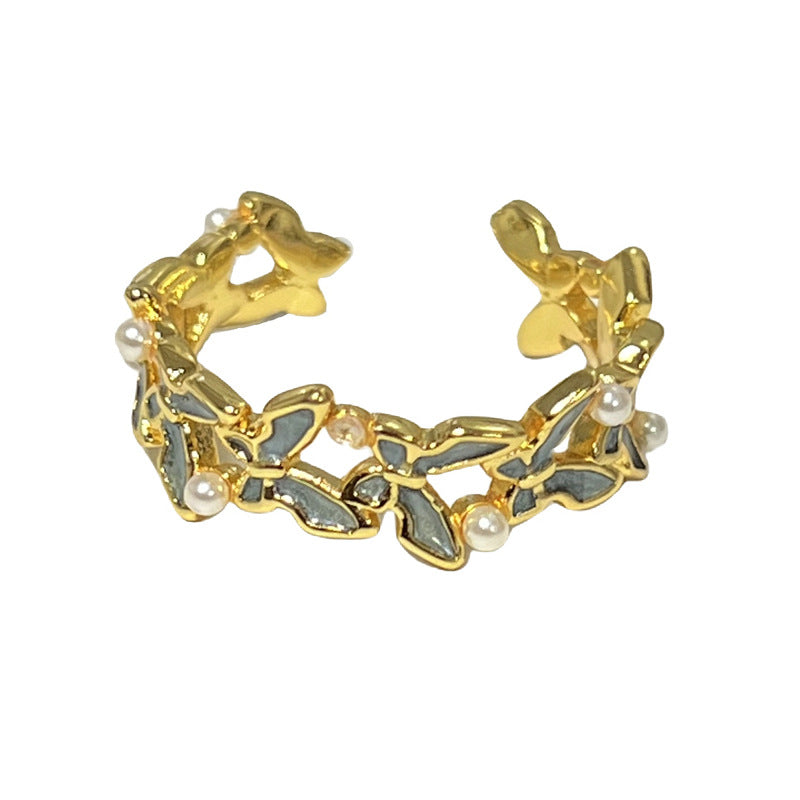 Modern Chinese Style Pearl Rotating Open Ring with Butterfly Design for Women