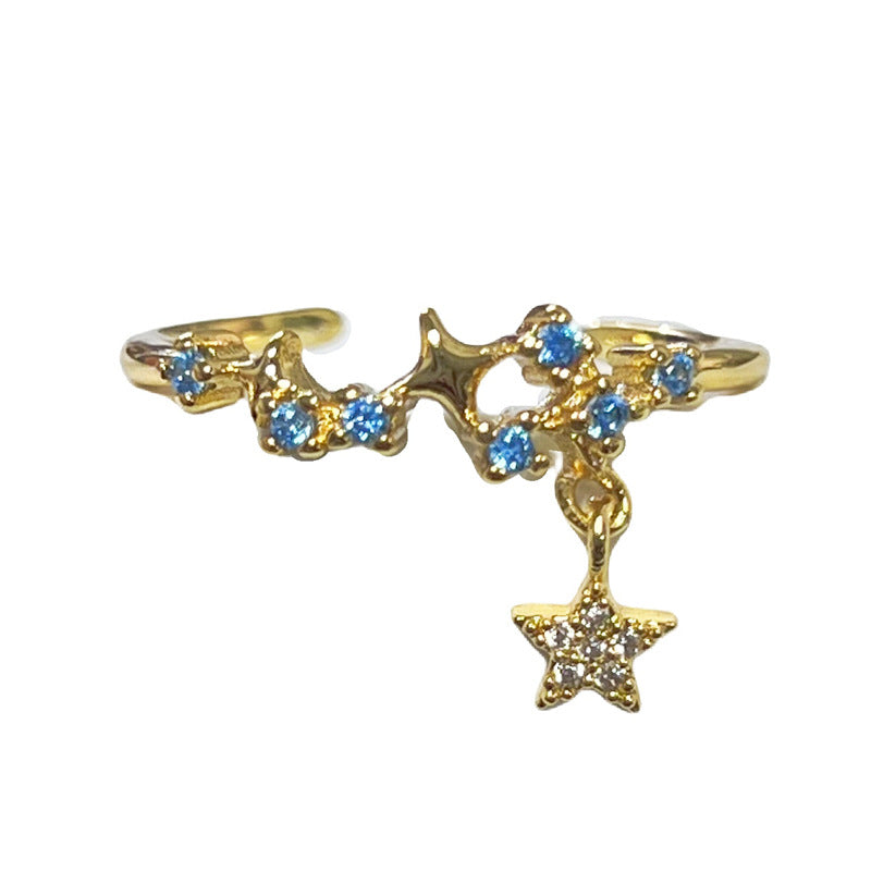 Star Drop Blue Tassel Open Ring - Geometric Asymmetrical Design with Zircon Accents