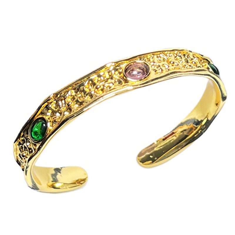 Vintage Textured Gemstone Inlaid Wide Cuff Bracelet - Elegant and Edgy Fashion Statement