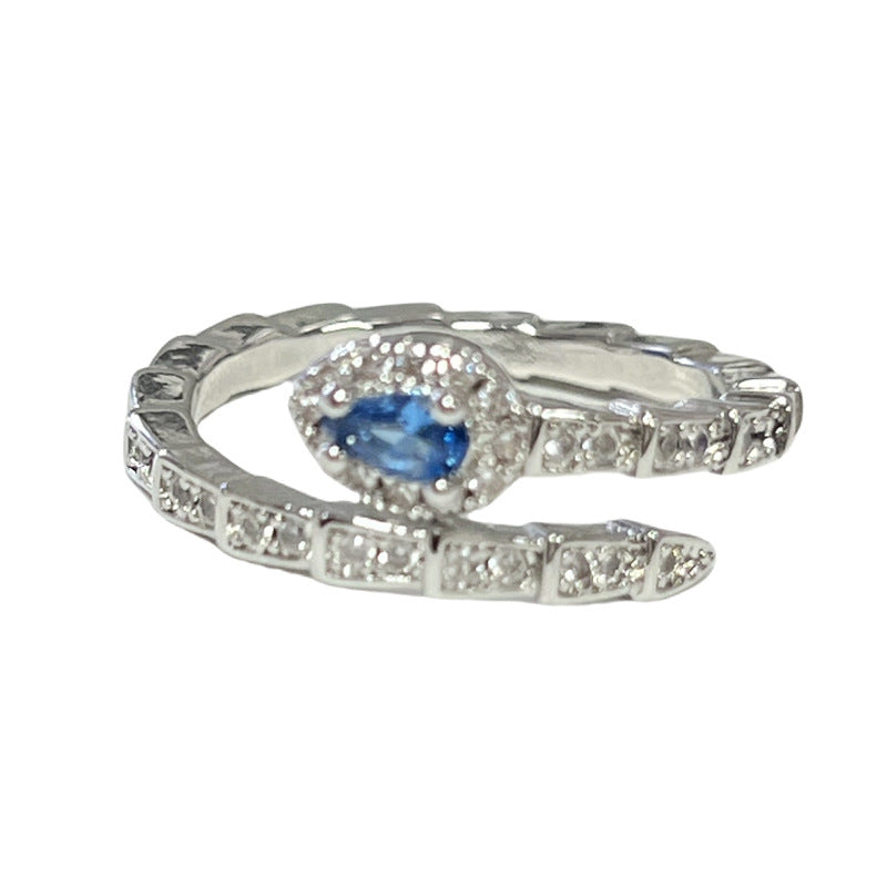 Snake-Inspired Blue Zircon Adjustable Open Ring for Women - Minimalist Geometric Design
