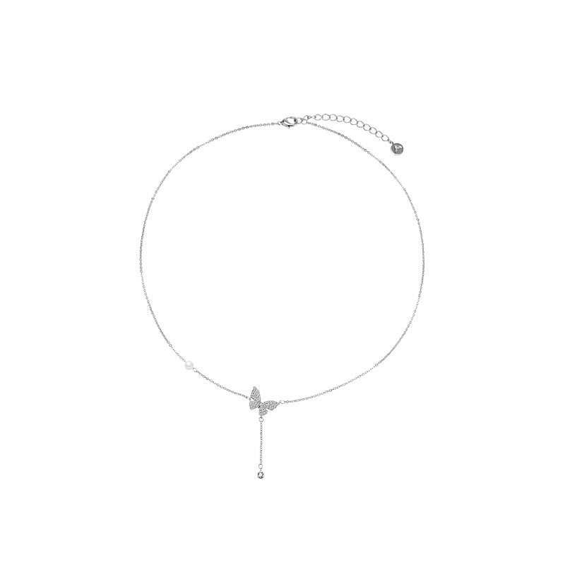 Butterfly Titanium Steel Necklace for Women - Elegant Pearl Collarbone Chain with Delicate Design