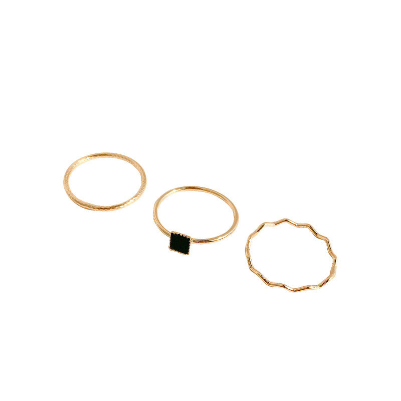 Geometric Black Zirconia Stackable Ring Set in Gold-Tone with Minimalist Design