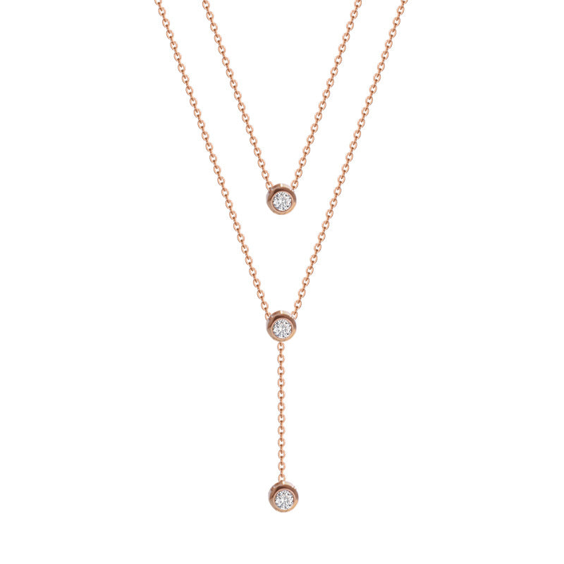Layered Titanium Steel Necklace with Geometric Zirconia Pendant in Rose Gold