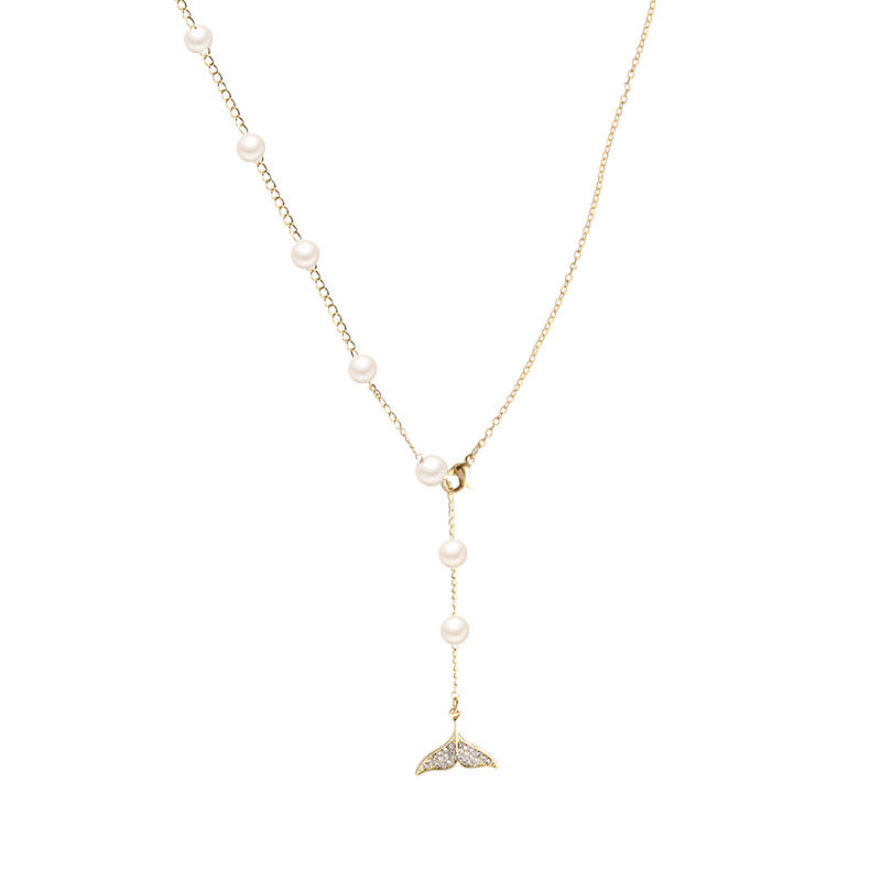 Long Mermaid Tail Pearl Necklace with Fringe Pendant for Women, Gold Tone Geometric Design