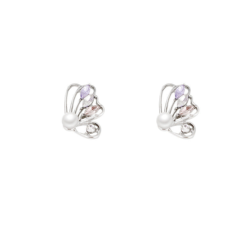 Butterfly Pearl Stud Earrings with Colorful Zirconia and S925 Silver Needles