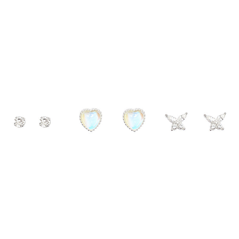 Earrings Set with Gradient Heart and Bow Design, Minimalist Silver Studs for Everyday Wear