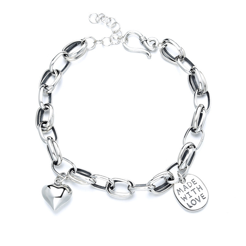 Heart Charm Link Chain Solid 925 Sterling Silver Vintage Bracelet