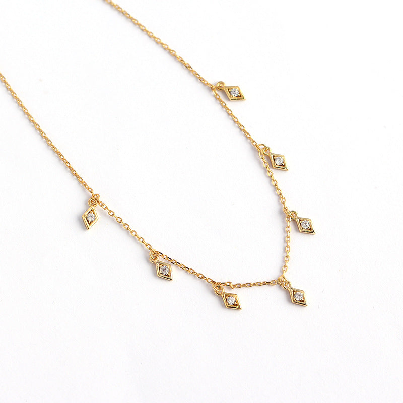 Delicate Geometric Rhombus Shape Cubic Zirconia  925 Sterling Silver Tassel Pendant Necklace
