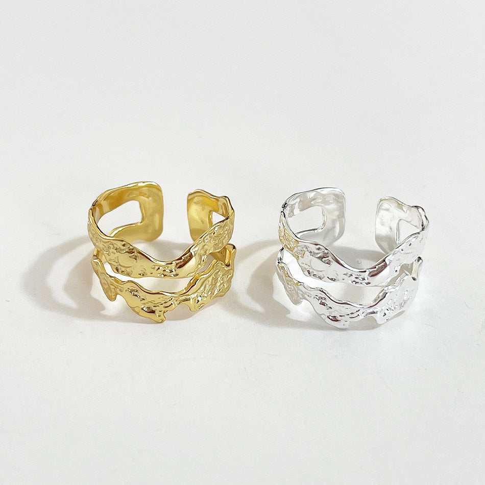 Irregular Double Layer Texture Adjustable Sterling Silver Ring
