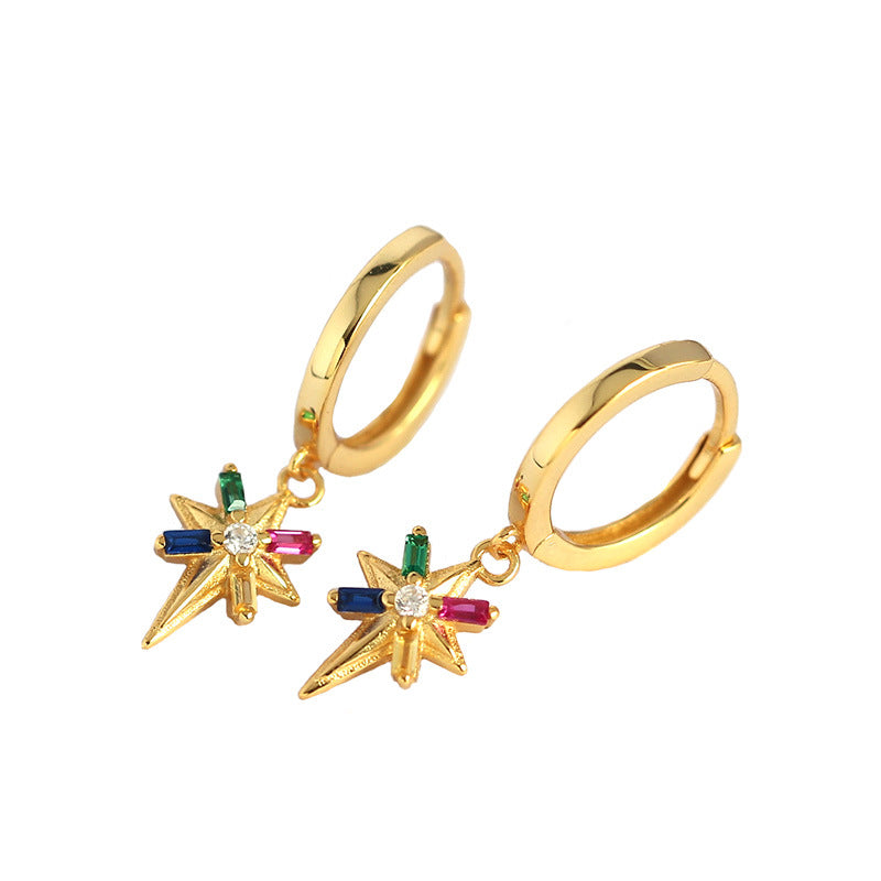 Colorful CZ Octagonal Star Simple 925 Sterling Silver Hoop Earrings