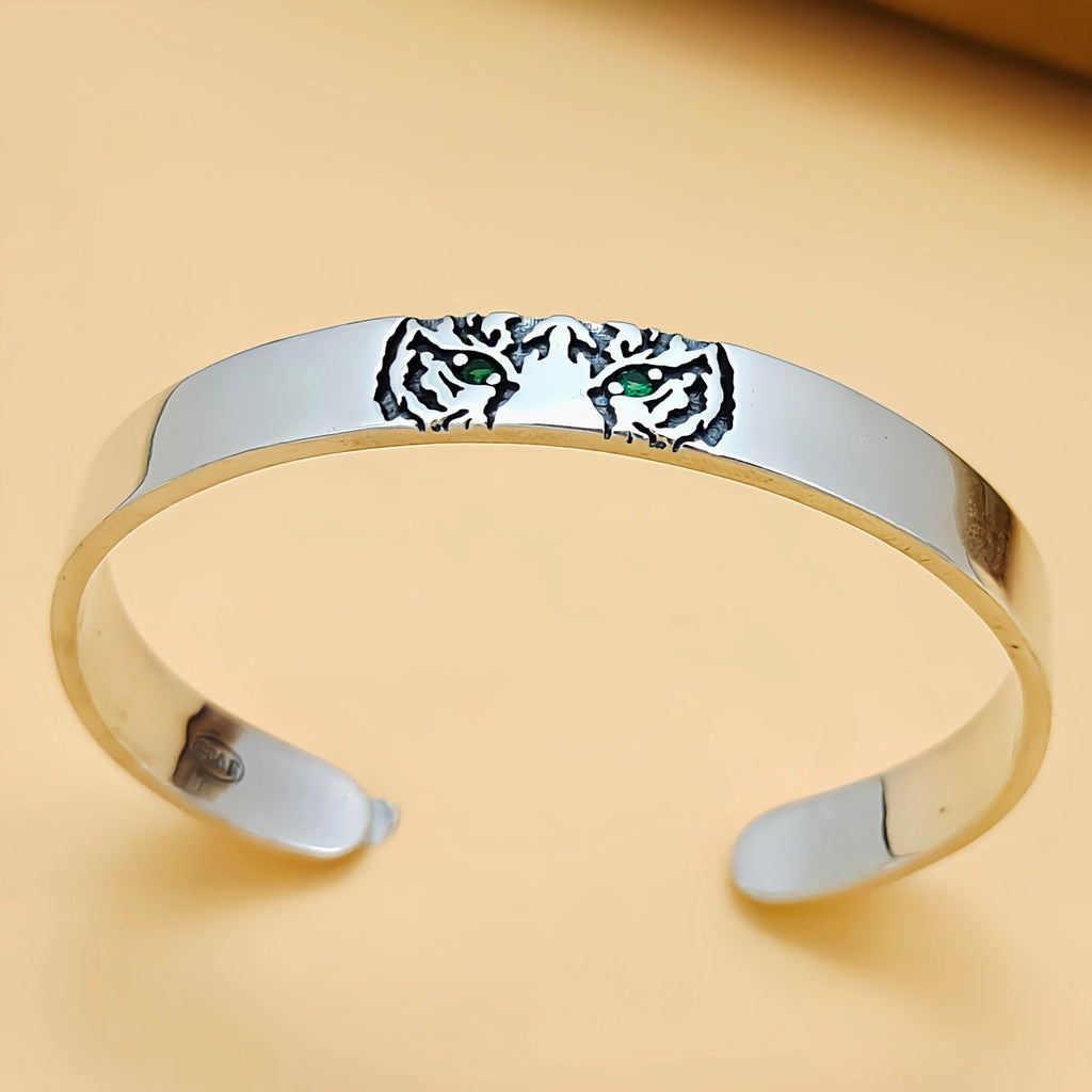 Men's Green Eye Tiger Animal 925 Sterling Silver Open Bangle