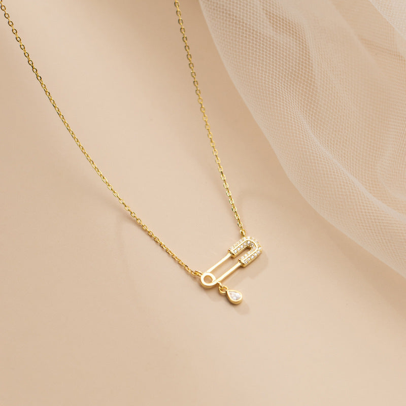 Cubic Zirconia Safety Pin Drop Pendant S925 Sterling Silver Minimalist Geometric Chain Necklace
