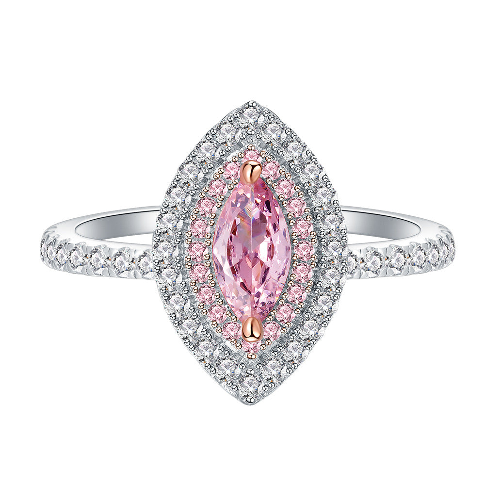 Pink Marquise Eye Shape Rose Gold Prongs Micro Setting Cubic Zirconia 925 Sterling Silver Halo Statement Band Ring