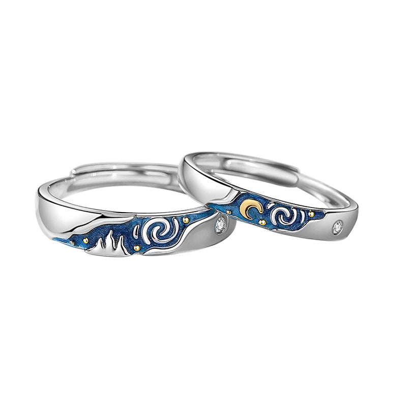 Classic Round Band Finger Jewelry Adjustable 925 Sterling Silver Sun And Moon Women Men Couple Ring