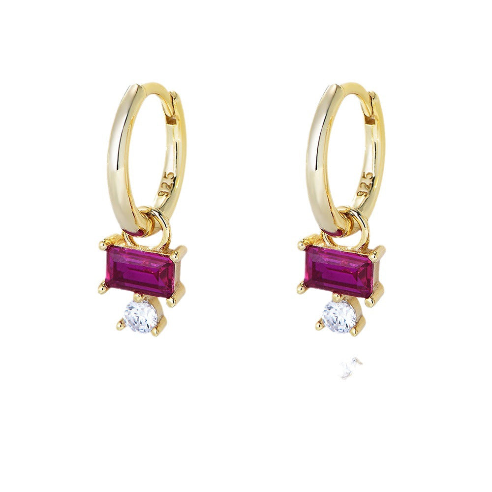 Masculine Red Baguette CZ 925 Sterling Silver Hoop Earrings