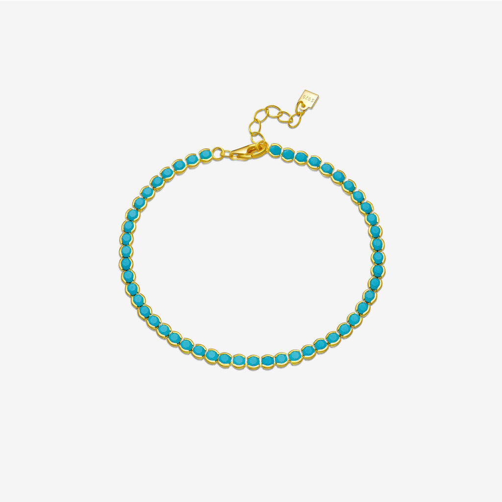 Blue Turquoise Bezel Set Natural Stone 925 Sterling Silver Tennis Chain Bracelet