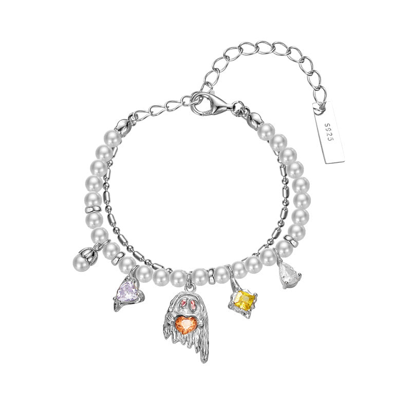 Halloween Colorful CZ Ghost Shell Pearls 925 Sterling Silver Double Layers Bracelet