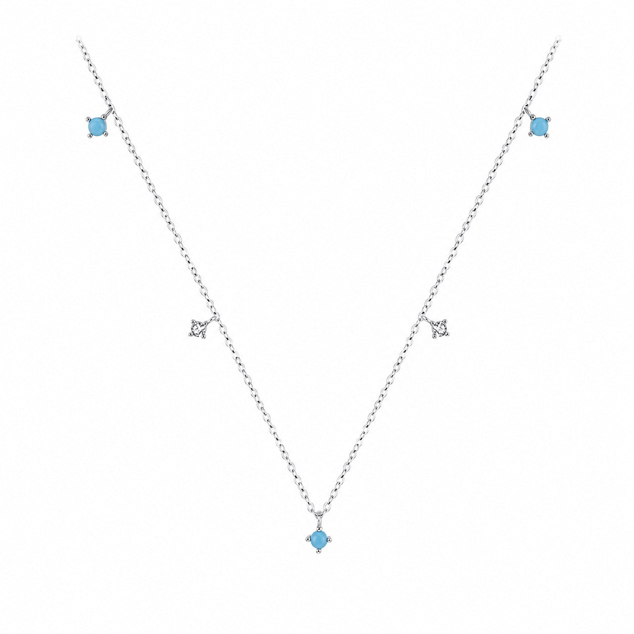 Geometric Pattern Turquoise And Cubic Zirconia 925 Silver Necklace