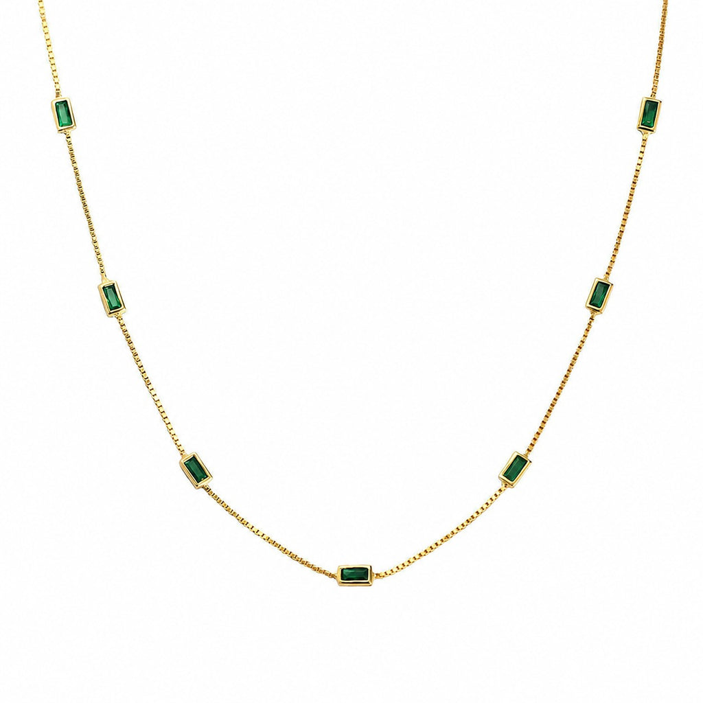 Mini Delicate Green Rectangular Stone 925 Sterling Silver Station Chain Simple Layered Clavicle Necklace