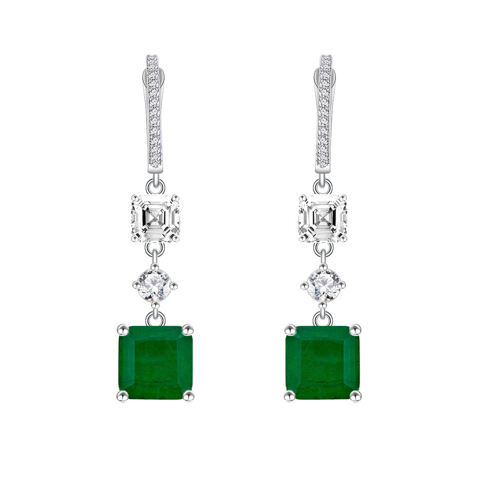 Emerald Green Square Octagon Cut Simulated Emerald Cubic Zirconia S925 Sterling Silver Geometric Drop Hoop Earrings
