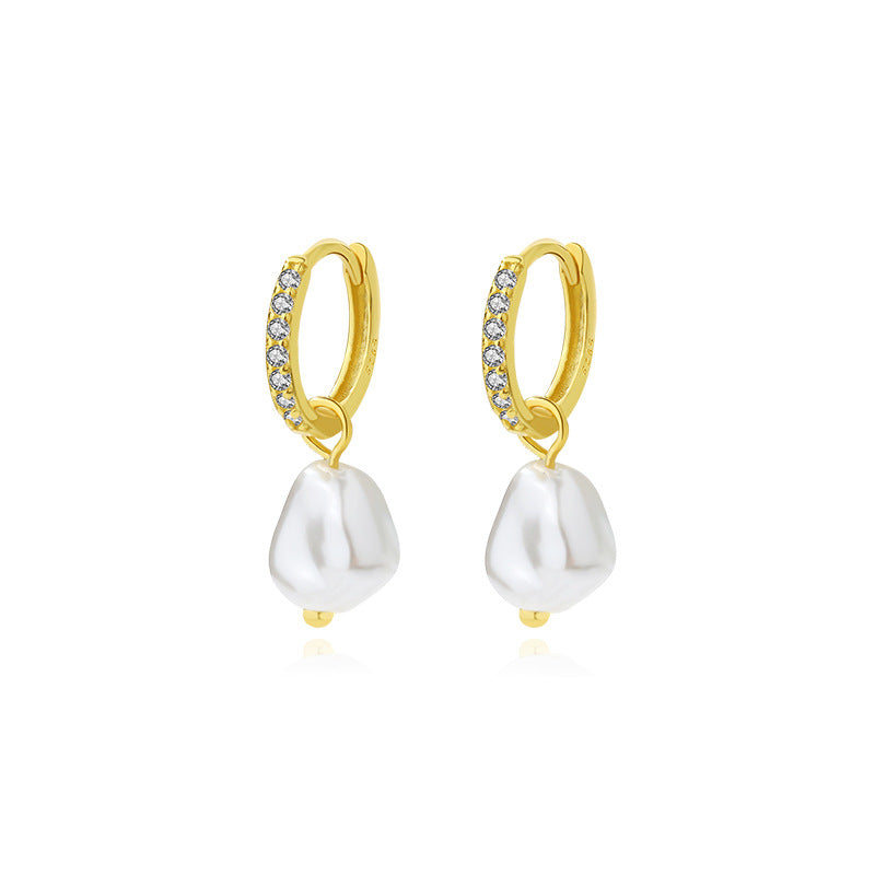 Women Elegant Fine Jewelry Geometric Design Cubic Zirconia 925 Sterling Silver Baroque Dangle Hoop Pearl Earrings