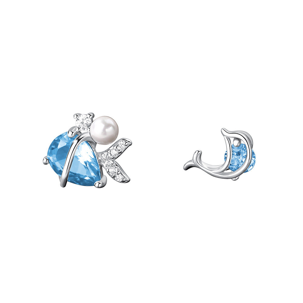 Asymmetrical Dolphin Mermaid Tail Blue Cubic Zirconia S925 Sterling Silver Ear Stud Earrings