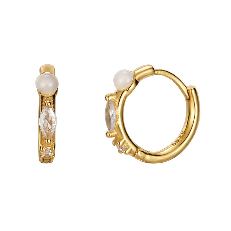 Casual White Agate Oval Eye CZ 925 Sterling Silver Hoop Earring (Single)