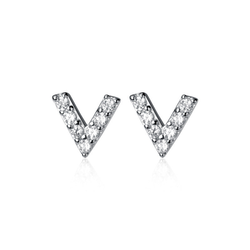 925 Sterling Silver Simple Geometric Mini Letter V Cubic Zirconia Stud Earrings