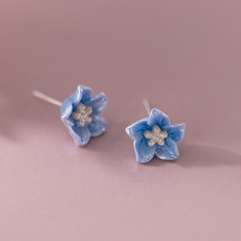 Blue Flower  S925 Sterling Silver Delicate Blossom Ear Stud Earrings