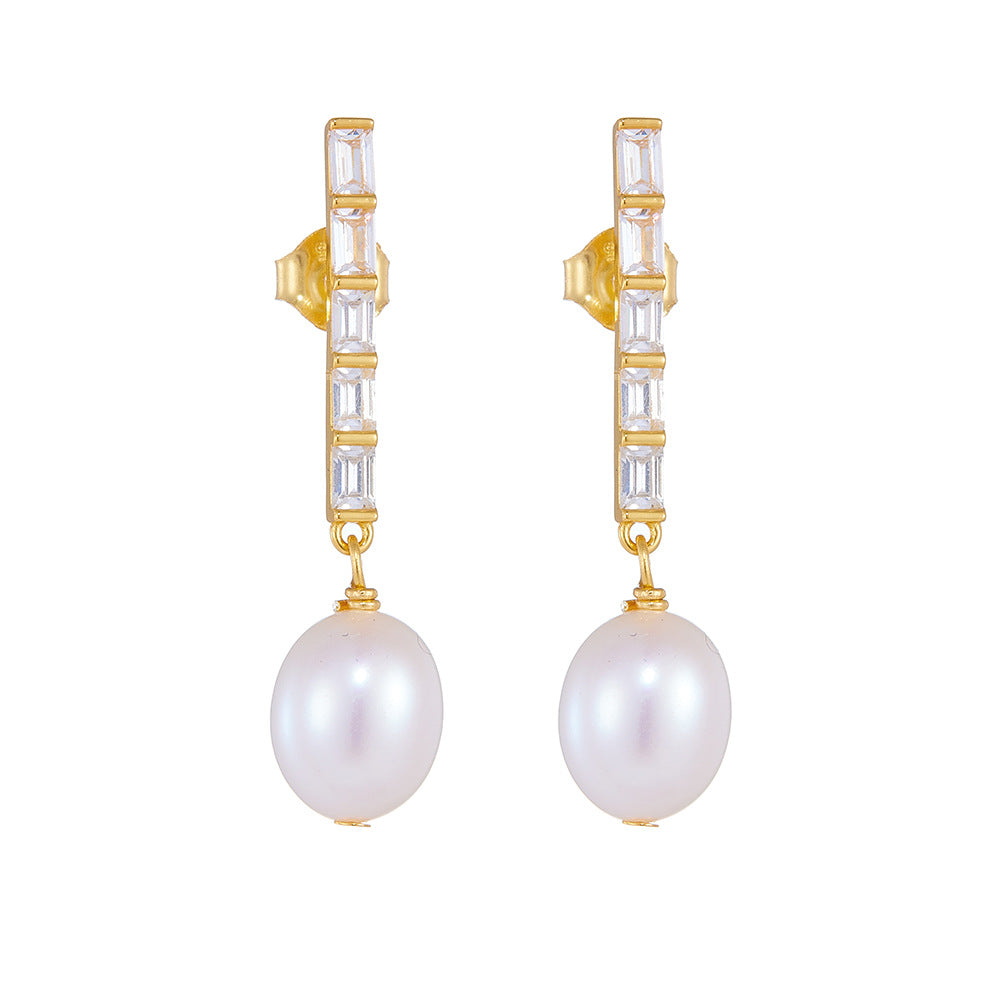 Elegant Oval Natural Pearl 925 Sterling Silver CZ Dangling Earrings