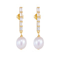 Elegant Oval Natural Pearl 925 Sterling Silver CZ Dangling Earrings