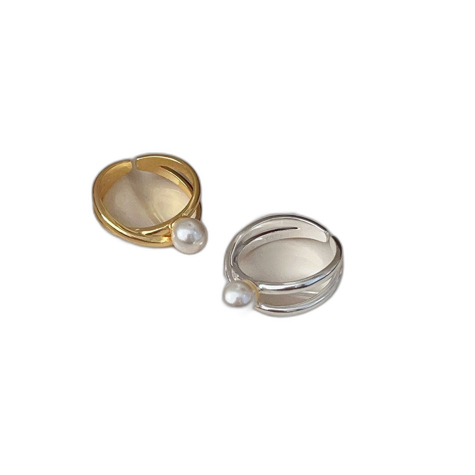 Fashionable Korean Style Adjustable X-Shaped Pearl Design 925 Sterling Silver Ring for Women with Elegant Yellow Gold and Silver Options