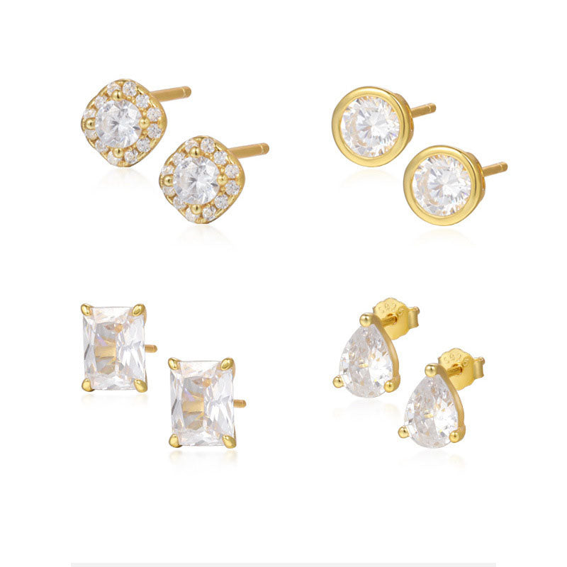 Office Simple CZ Geometry Round Rectangle Waterdrop 925 Sterling Silver Stud Earrings